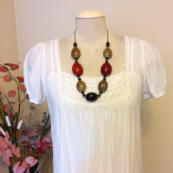 Vintage NEW sandwich jewellery Red Black Beige Oval Beads VTG Art Deco Necklace - Picture 6 of 7